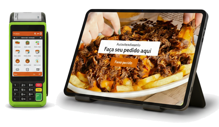 Autoatendimento com tablet na mesa e máquina de cartão para restaurantes