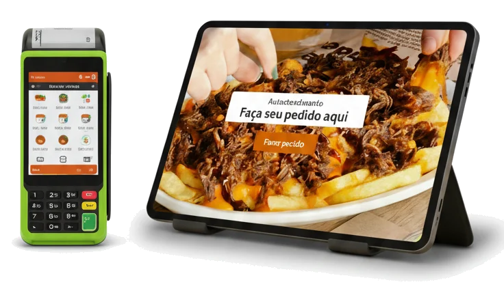 Tablet de autoatendimento com máquina de cartão Stone integrada para restaurante