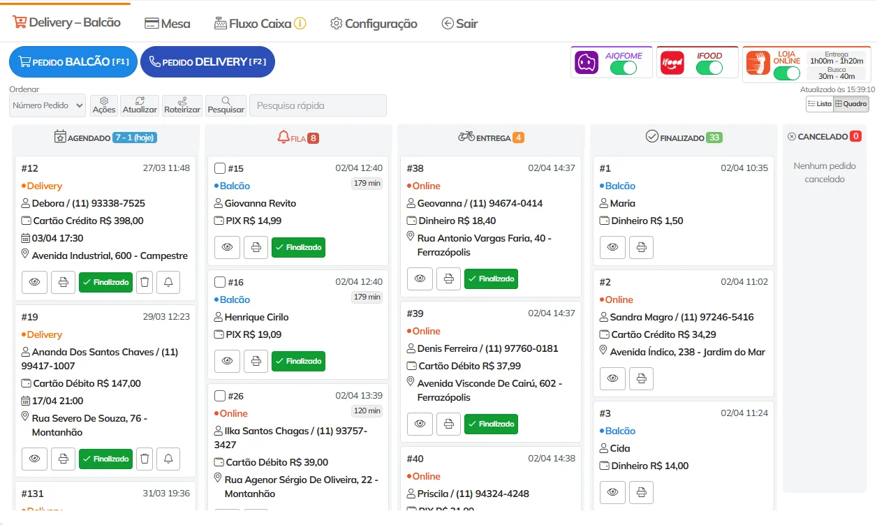 PDV Frente de Caixa para restaurante - visão kanban