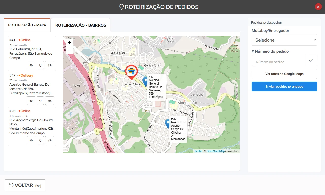 Roteirização de pedidos delivery no mapa
